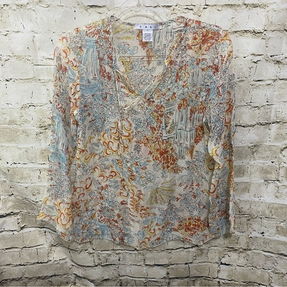 CAbi Ivory Floral Silk Tie Neck Sheer Beaded Top - Picture 1 of 5